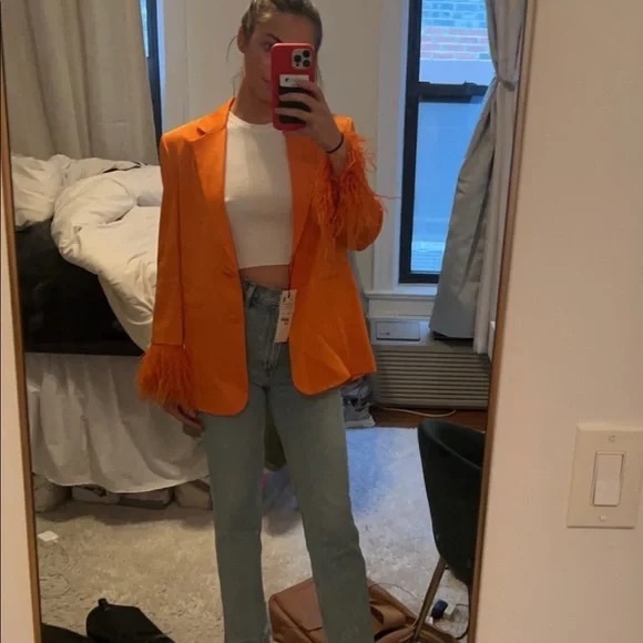 ZARA ss22 Feathered Blazer Orange - Picture 2 of 4